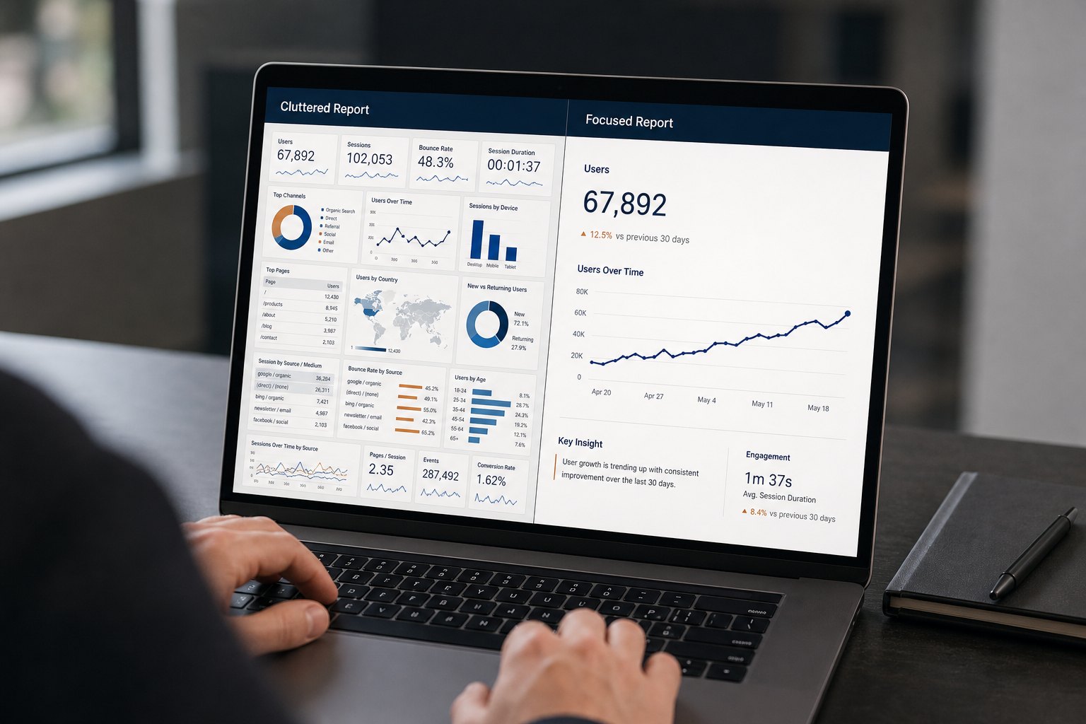 Person typing on a laptop displaying two analytics dashboards, a cluttered report beside a focused report showing a trend line of visits.