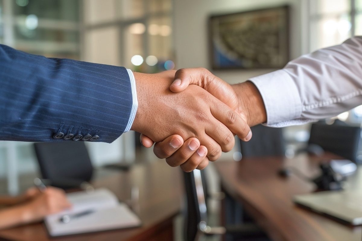 Two people shaking hands in a business meeting