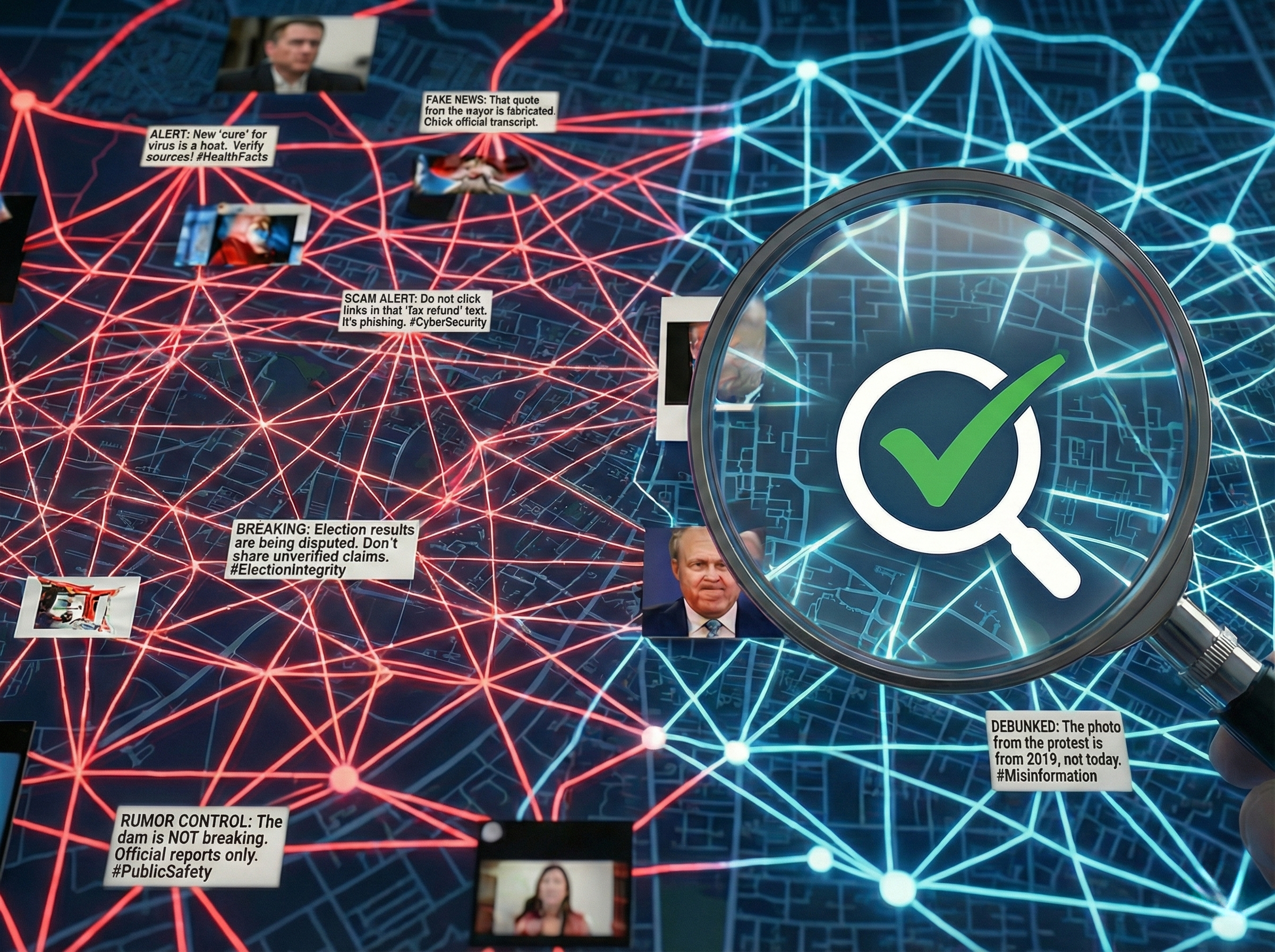 A magnifying glass with a green checkmark inspecting a glowing digital web of social media posts, representing the detection and fact-checking of misinformation.