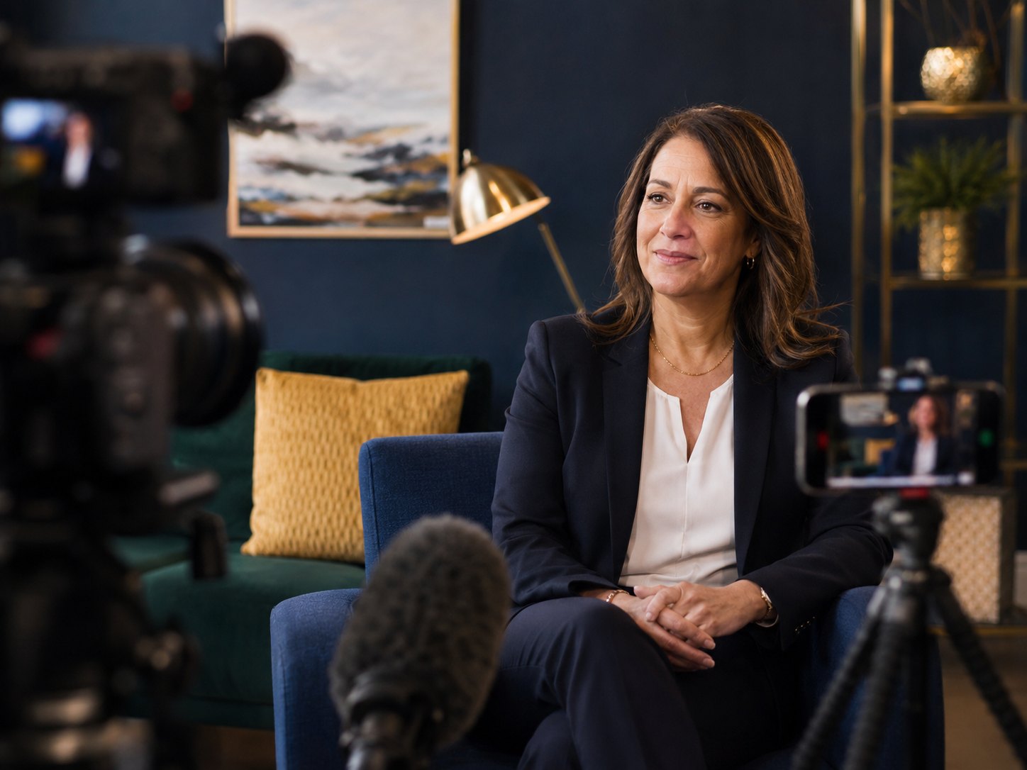 Public sector spokesperson in a media training mock interview, seated facing a broadcast camera, boom mic, and smartphone.