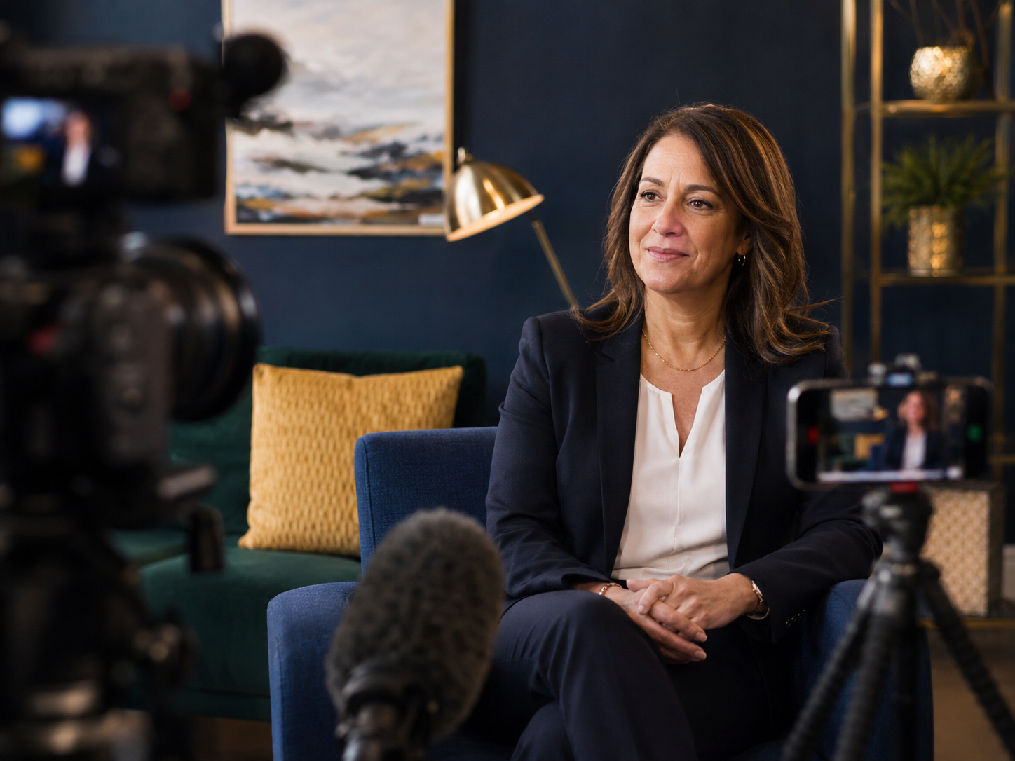 Public sector spokesperson in a media training mock interview, seated facing a broadcast camera, boom mic, and smartphone.